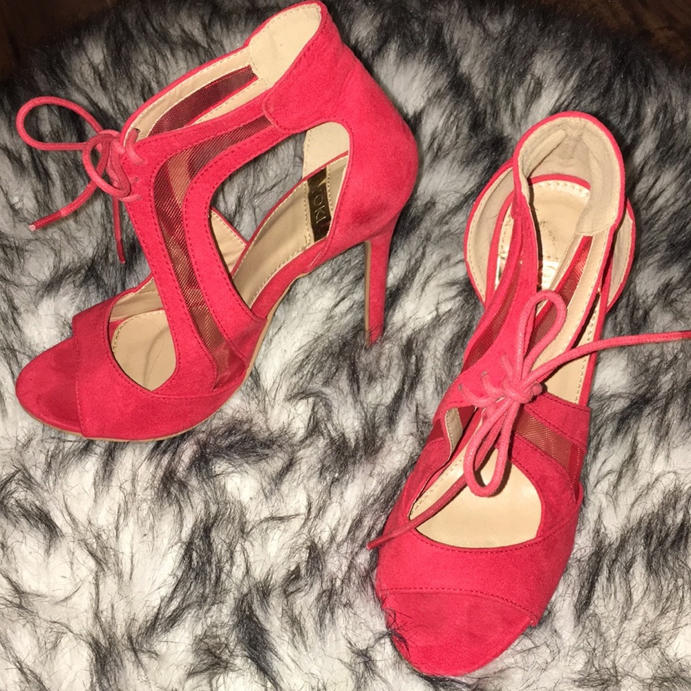 Coral peep toe heels